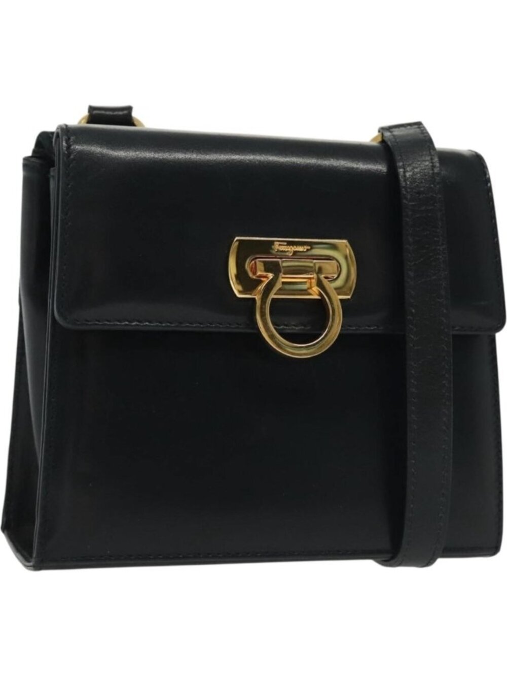 Salvatore Ferragamo Gancini Shoulder Bag Leather Suede Navy Gold